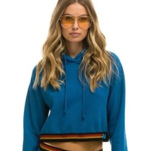 Aviator Nation Logo Stripe Crop Hoodie Blue